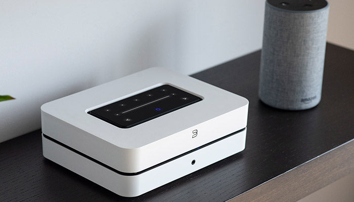 Bluesound Powernode white 3/4 front top on cabinet view