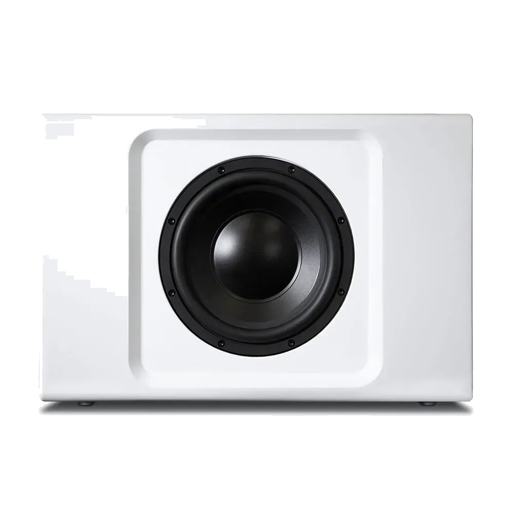 Bluesound PULSE SUB+, white front without grille at Toma Audio