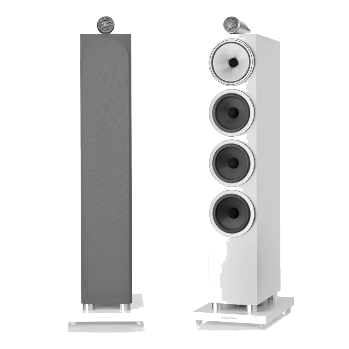 Bowers & Wilkins 702 S3 in Satin White, paired front and rear view at Toma Audio