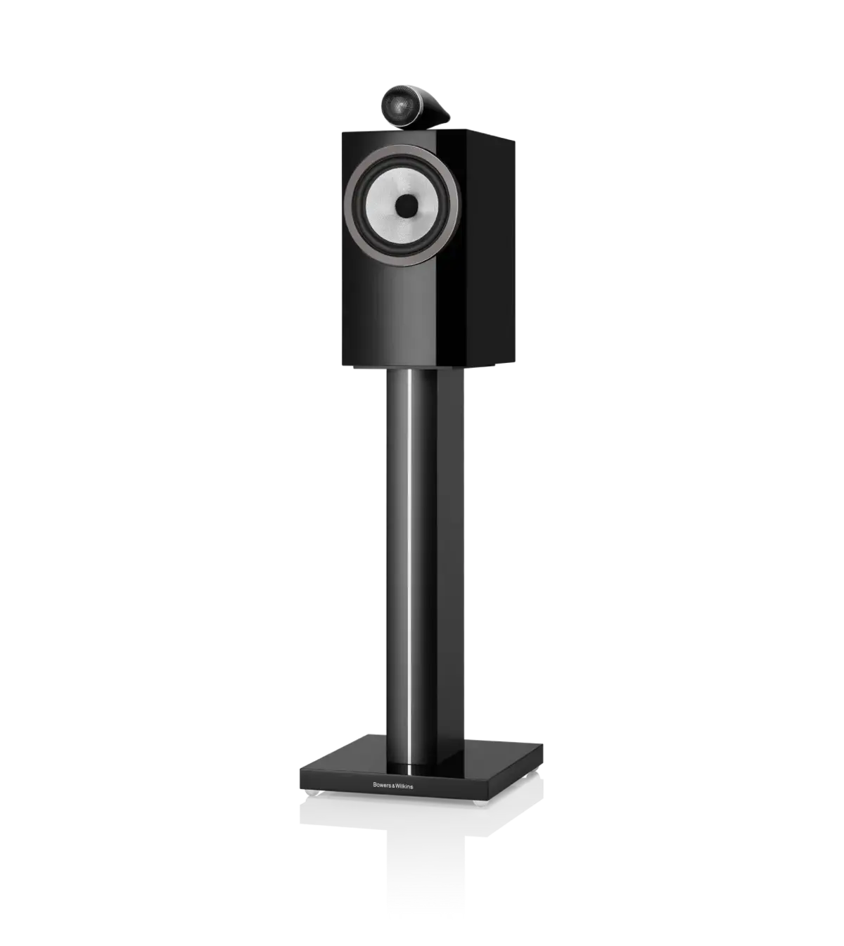 Bowers & Wilkins 705 S3 in Gloss Black, front on stand view at Toma Audio