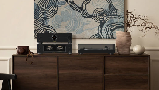 Onkyo amplifier and turntable system arranged in a refined living room