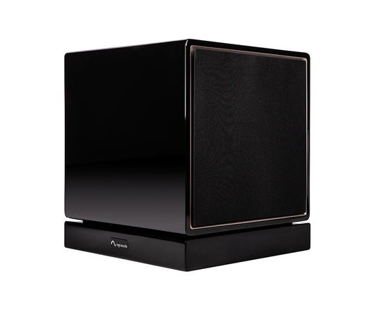 Episode MEGA subwoofer in a glossy black finish with its protective grille fitted