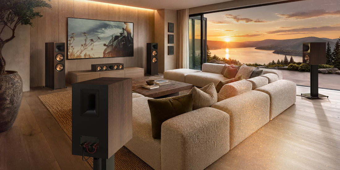 Klipsch Reference Premiere III home theatre speaker system in a contemporary living room