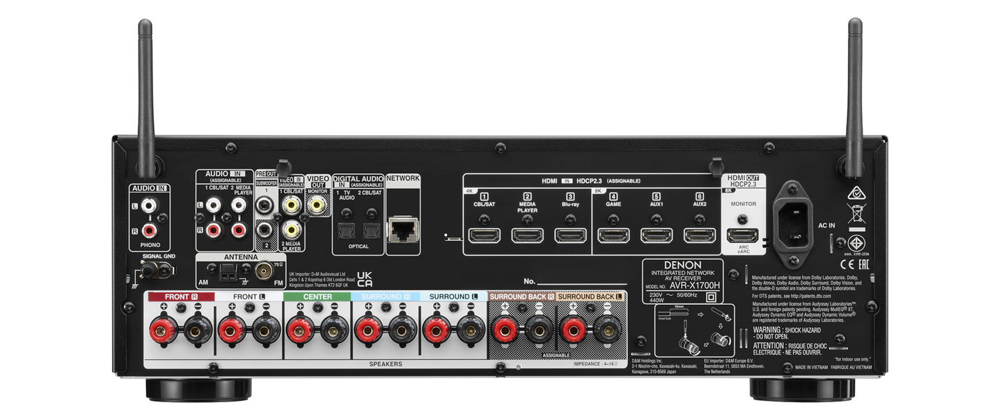 Denon AVR-X1700H Surround Sound Receiver - [7.2x80W 8K BT Wi-Fi HEOS USB Phono]