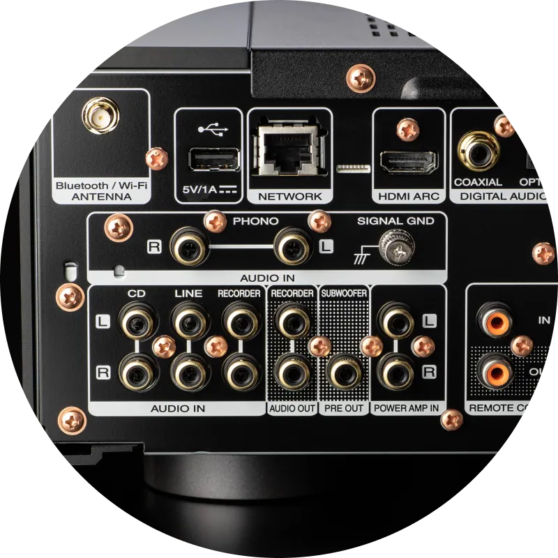 Marantz Model 40n Integrated Streaming Amplifier - [2x70W BT Wi-Fi HEOS HDMI USB DAC Phono] rear connections detail at Toma Audio