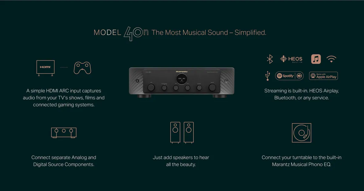 Marantz Model 40n Integrated Streaming Amplifier - [2x70W BT Wi-Fi HEOS HDMI USB DAC Phono] integrated streaming amplifier features at Toma Audio