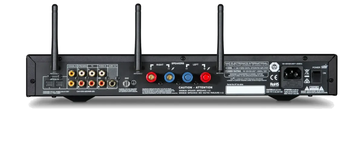 NAD C 338 Integrated Streaming Amplifier - [2x50W DAC BT Wi-Fi USB Phono] rear panel at Toma Audio