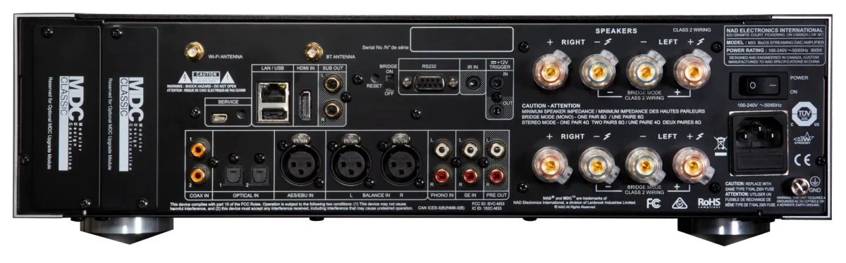 NAD M33 Integrated Streaming Amplifier - [2x200W DAC USB BT Wi-Fi BluOS HDMI AES/EBU XLR Phono] rear panel at Toma Audio