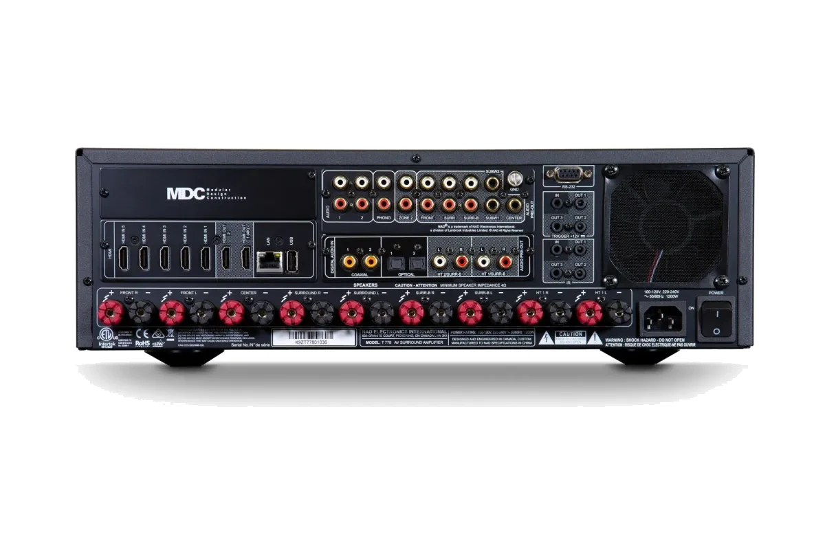 NAD T 778 AVR - [9.2x85W 4K DAC BluOS Wi-Fi USB BT Phono] rear panel at Toma Audio