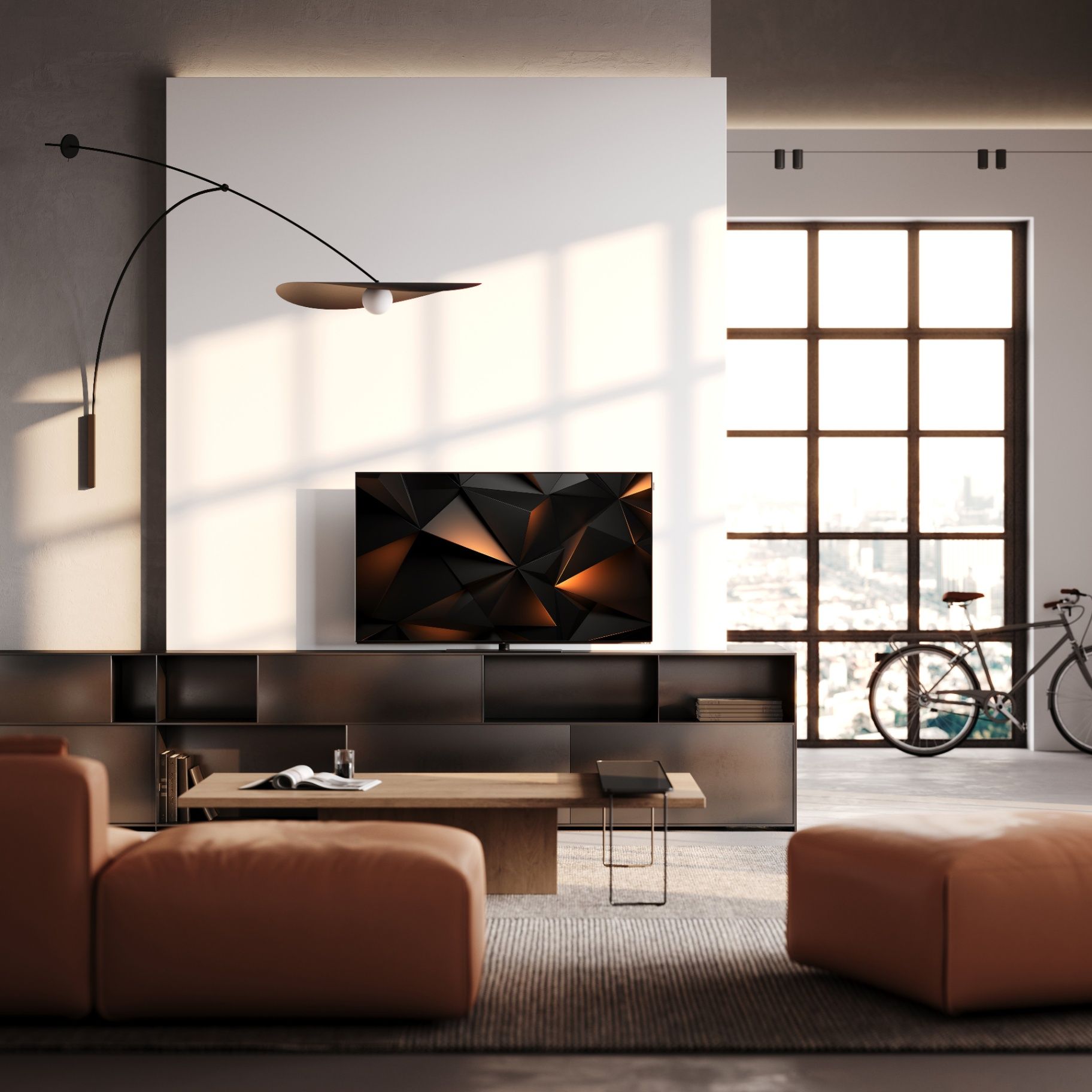 Loewe We SEE 4K OLED 48 Smart TV, living room with a black shelving unit and neutral sofa at Toma Audio