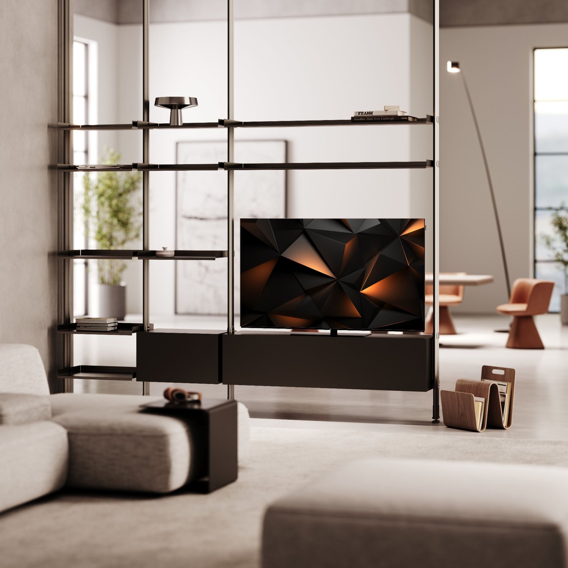 Loewe We SEE 4K OLED 48 Smart TV, living room with a black shelving unit and warm amber geometric TV screen at Toma Audio