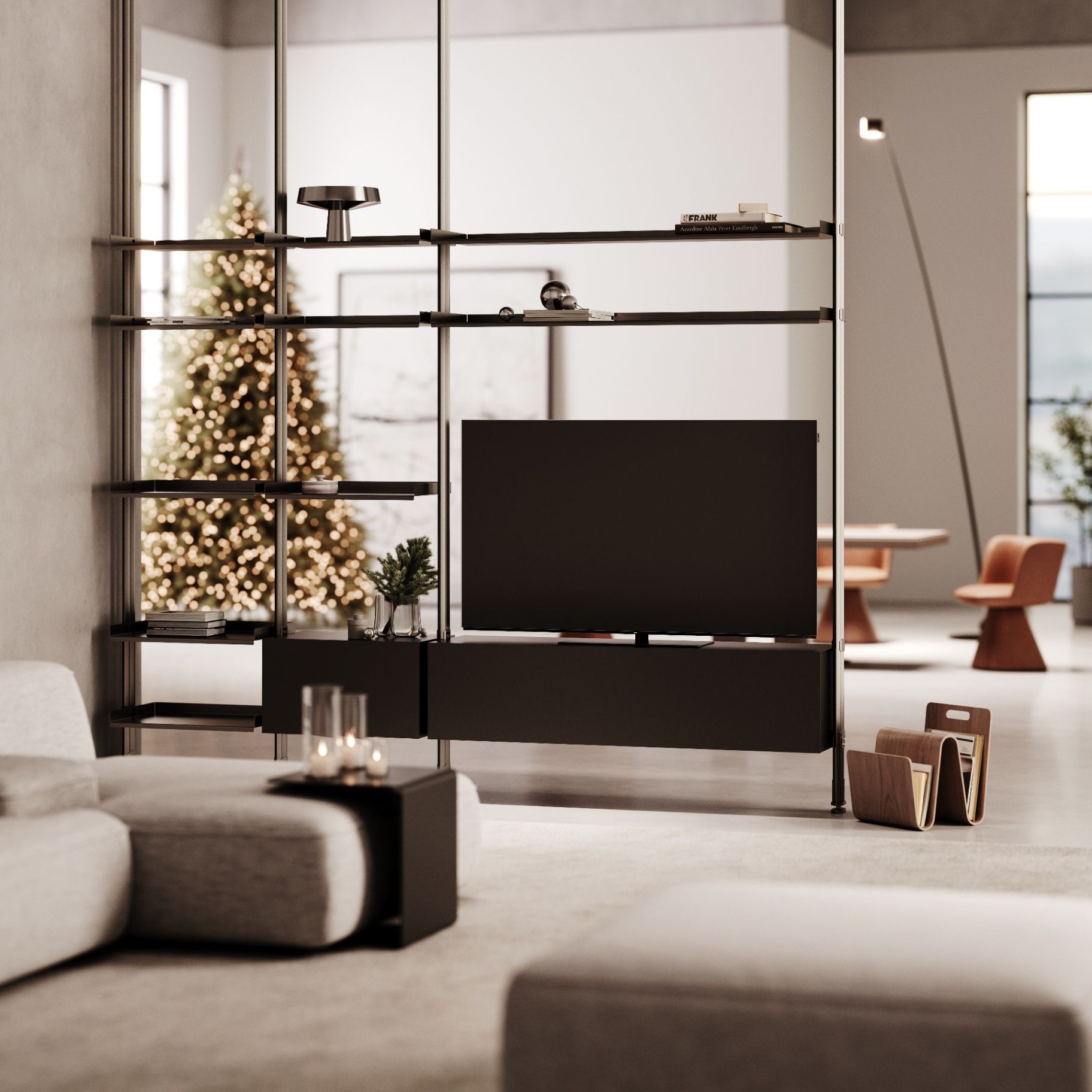 Loewe We SEE 4K OLED 48 Smart TV, living room with a lit Christmas tree and dark TV screen at Toma Audio